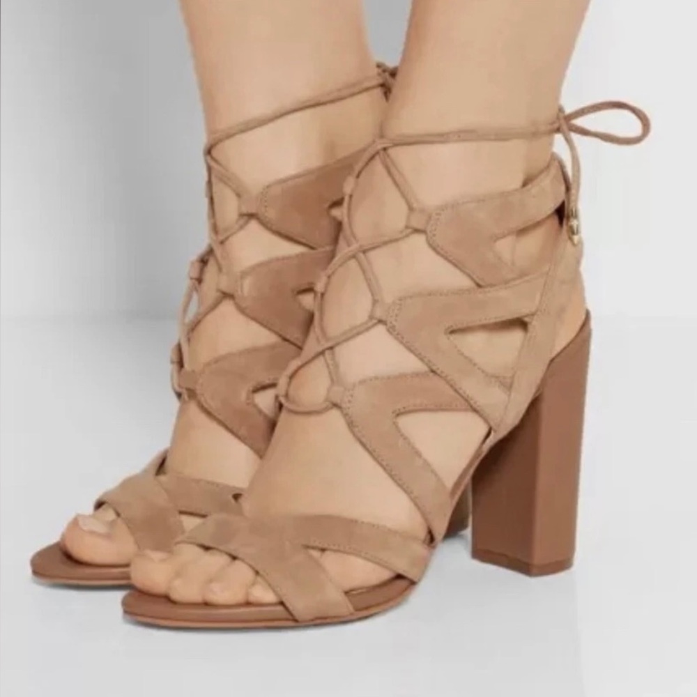 SAM EDELMAN YARDLEY LACE UP HEELS Suede Golden Caramel Heels Sandals Shoes. 10